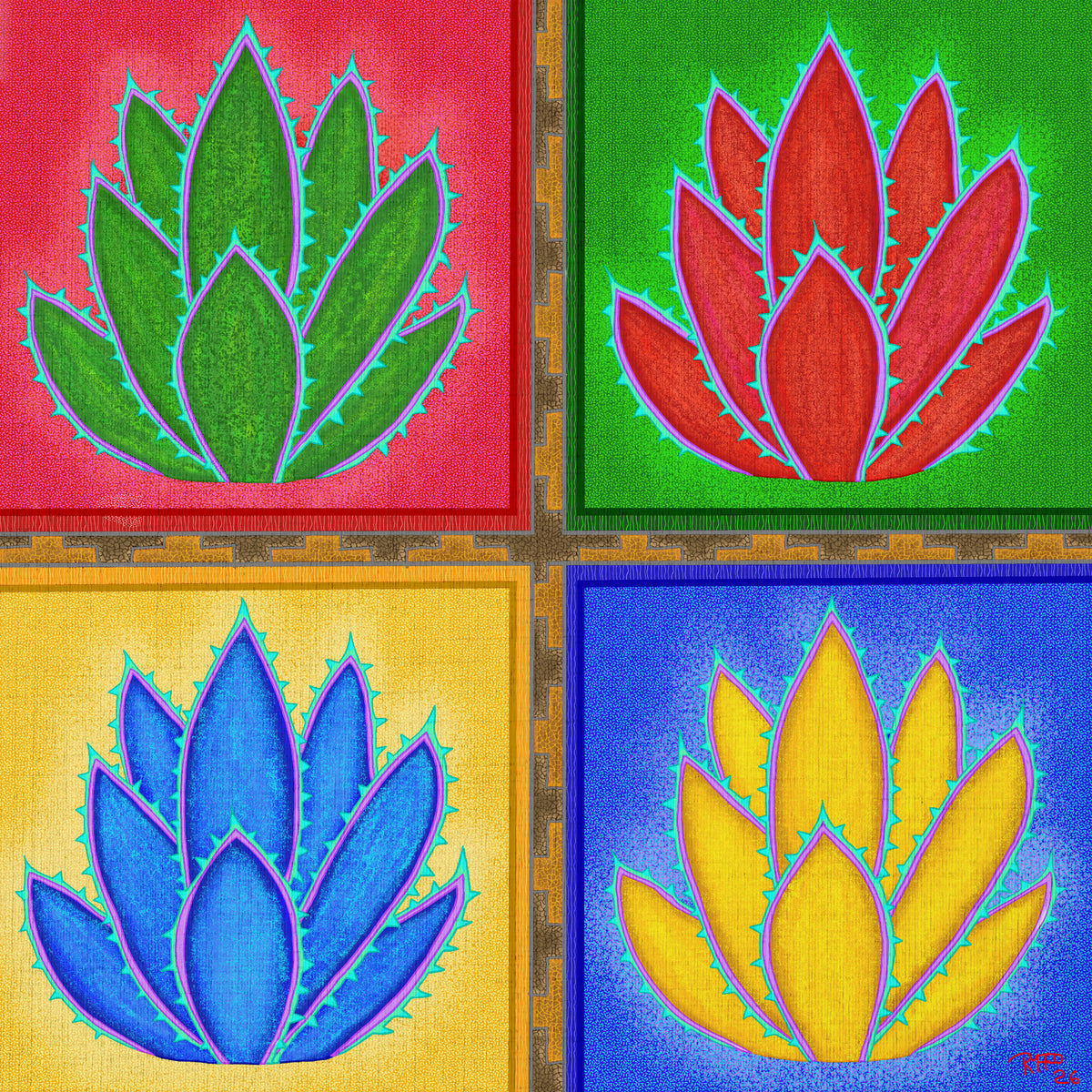 A square collage of four stylized succulent or aloe-like plant motifs in different colors: green on red, red on green, blue on yellow, and yellow on blue. Each plant is centered within its own panel, and the panels are arranged in a 2x2 grid with a decorative border.