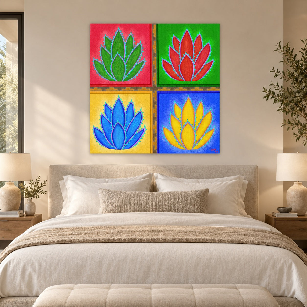 A four-panel wall art set featuring stylized lotus flowers in red, green, blue, and yellow on a bed in a modern, sunlit bedroom.