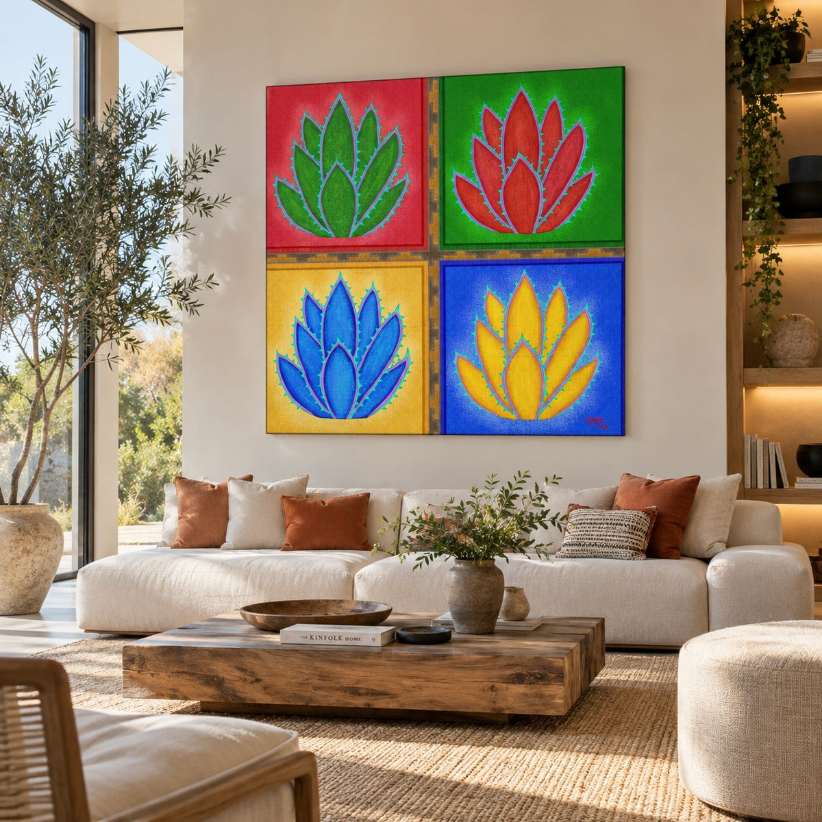 A modern living room with a large four-panel wall art set featuring colorful stylized lotus flowers. The panels are red, green, yellow, and blue with white outlines, mounted on a beige wall above a white sofa with brown and beige pillows.